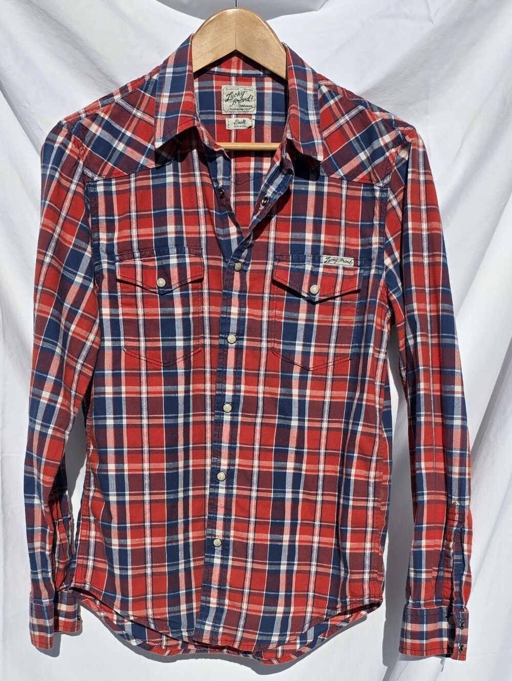 Lucky Brand Women's Western Red and Navy Plaid Button-Down Shirt